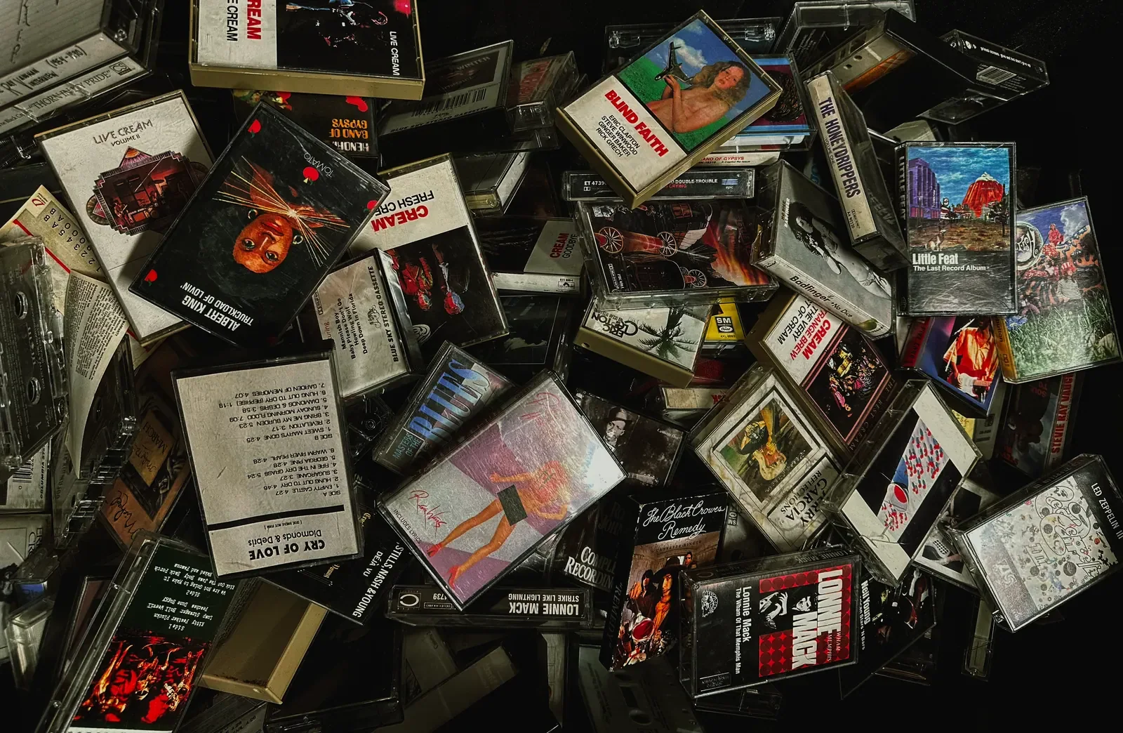 A small selection from Nathan Dale's cassette collection, photographed by his son