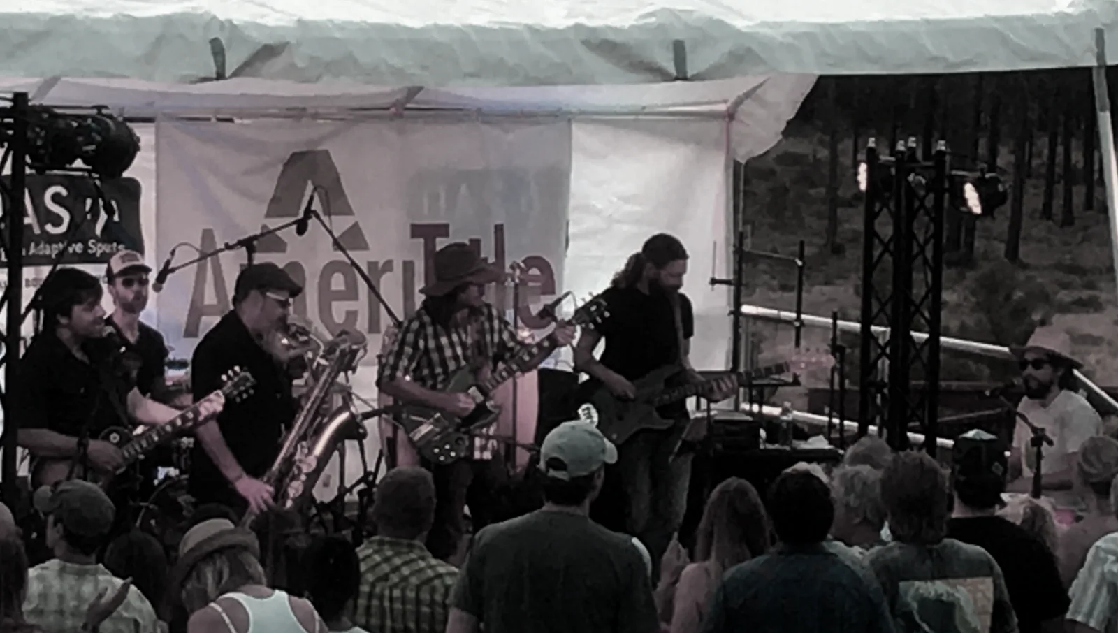 Nathan Dale, Fitz Harris, Steve Berlin, Lukas Nelson, Jon Cornell, and Jackie Greene performing in Bend, Oregon on August 13, 2016