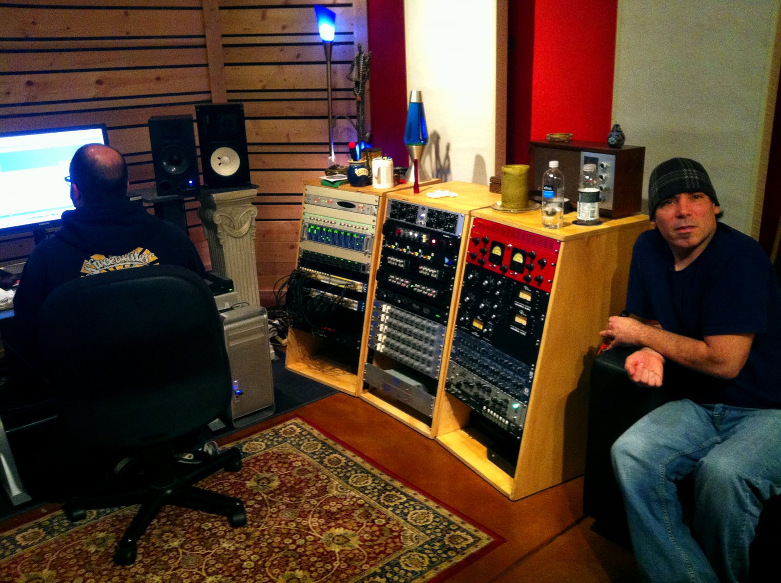 Producer, engineer, and mixer David Simon-Baker with Bruce Spencer during The Wooden Revolt sessions in 2012