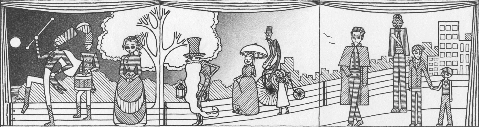 A panoramic hand-drawn sequence showing the characters of Major Key's Parade crossing a theatrical stage from night into the city